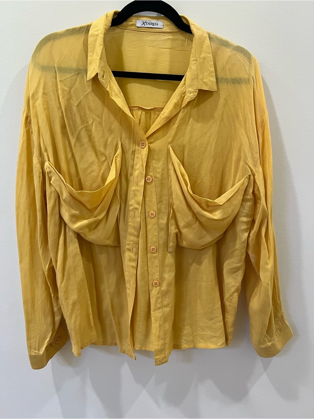 Xtaren Lightweight Yellow Button-Front Draped Pocket Shirt